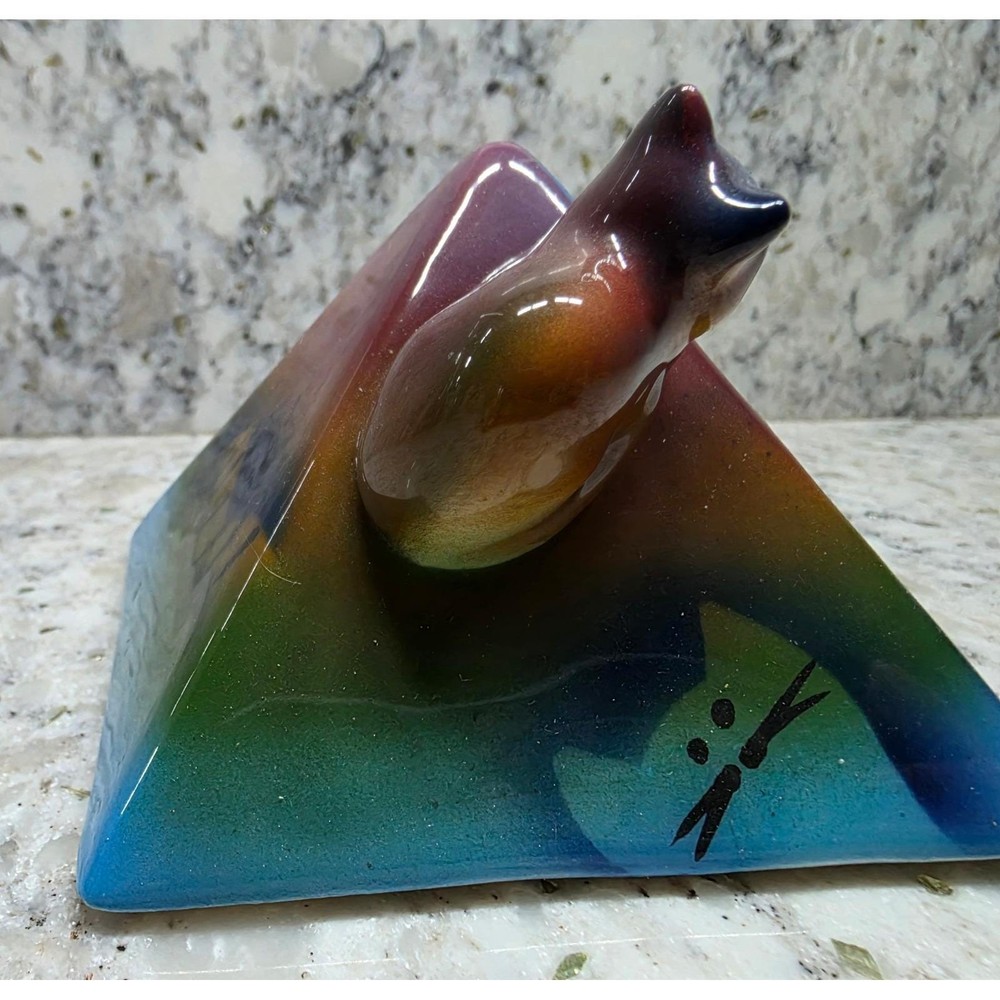 Signed D. Stiles Ceramic Cat Quartz Clock Pyramid Colorful Unique Decor