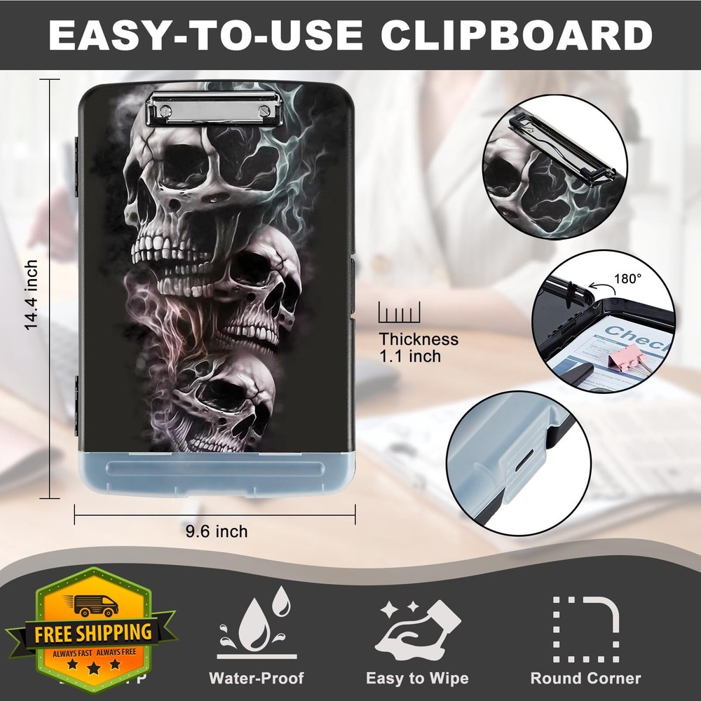 Clipboard with Storage Heavy Duty Plastic Skull Black