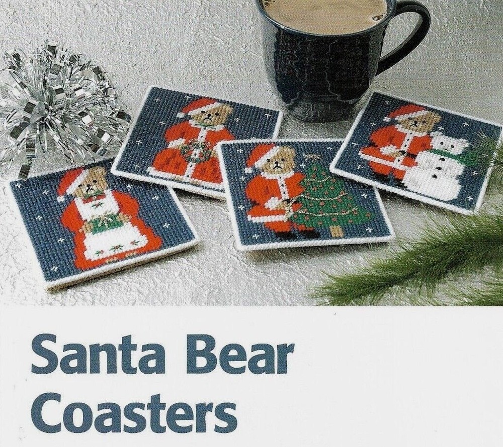 4 SANTA BEAR COASTERS CHRISTMAS PLASTIC CANVAS PATTERN INSTRUCTIONS