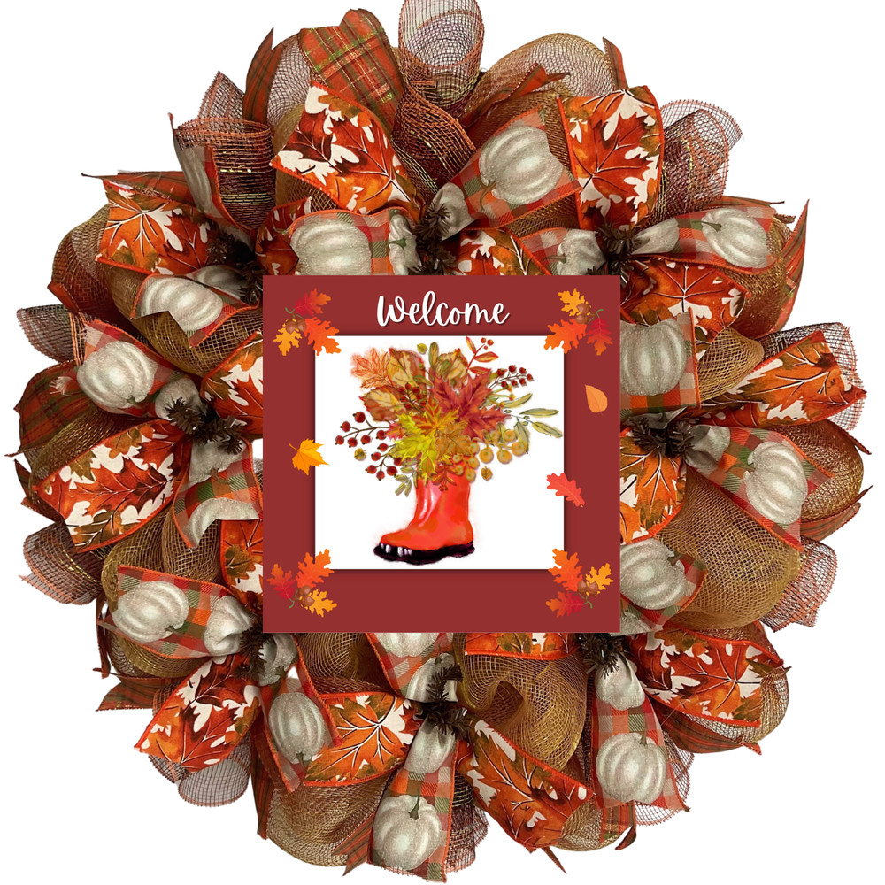 Personalization Welcome Fall Rainboot Harvest Handmade Deco Mesh Autumn Wreath