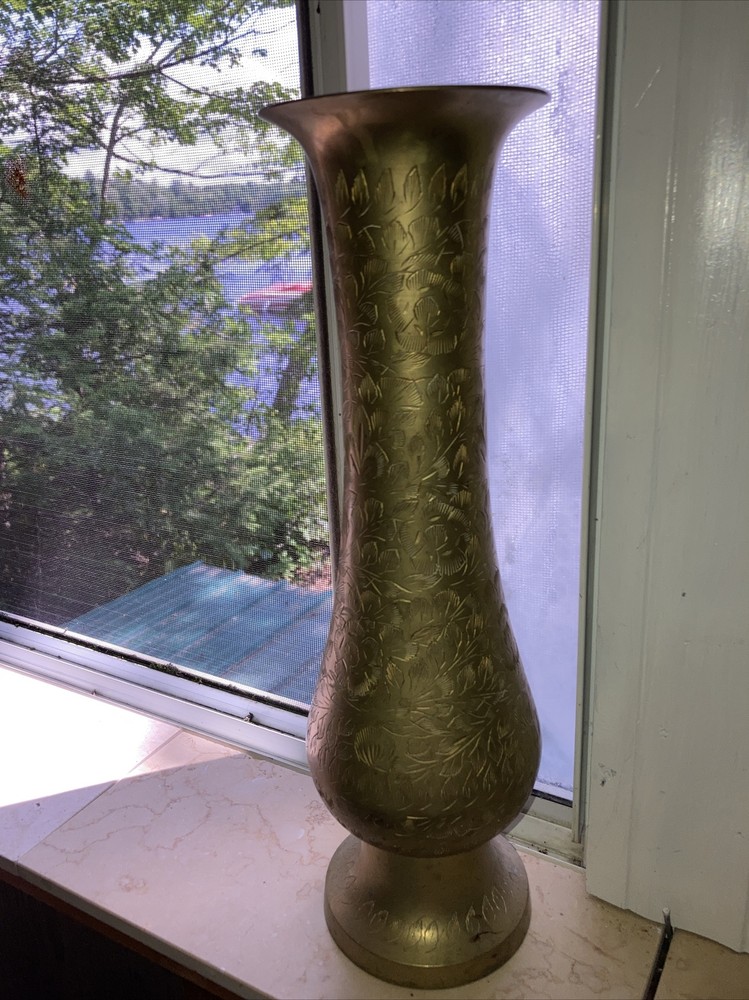 vintage large heavy solid Engraved ￼brass vase 14”