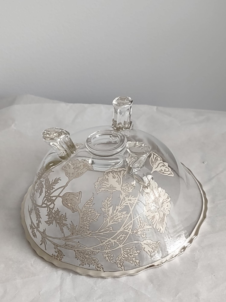 Silver Edged Glass Inlay Three Footed Dish Bowl