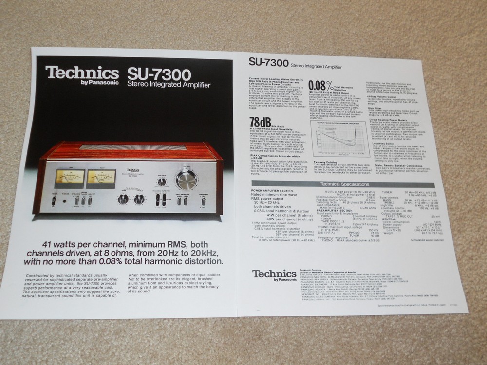 Technics SU-7300 Amplifier Brochure, 2 page, 1978, Specs, Info, Beautiful!