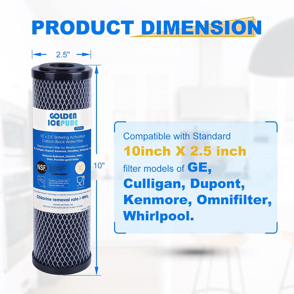 1 Micron 2.5" x 10" Whole House CTO Carbon Sediment Water Filter, 4PACK