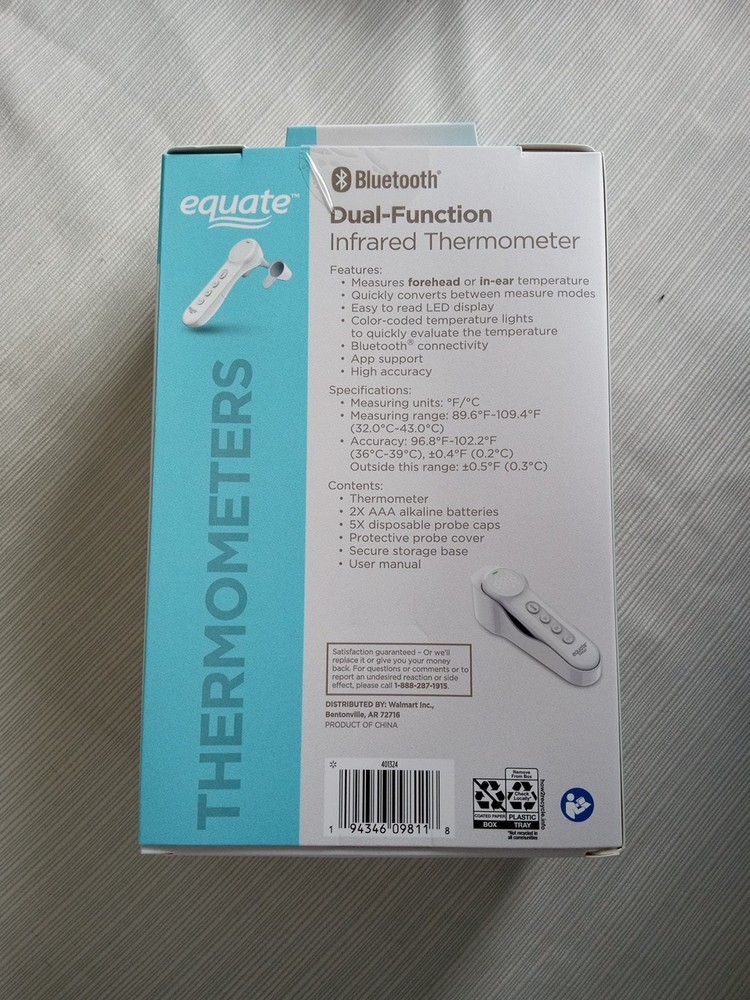 Equate Bluetooth Dual-Function Infrared Thermometer, Forehead and Ear Mode