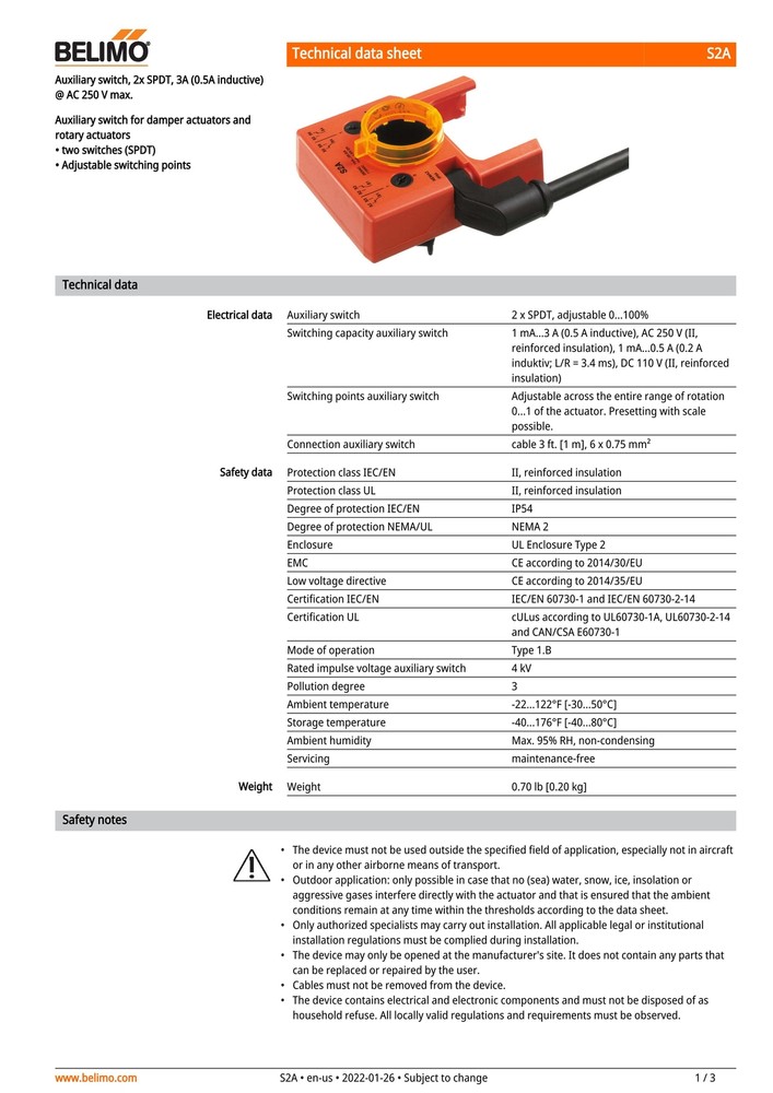 BELIMO Auxiliary switch 2 x SPDT add-on