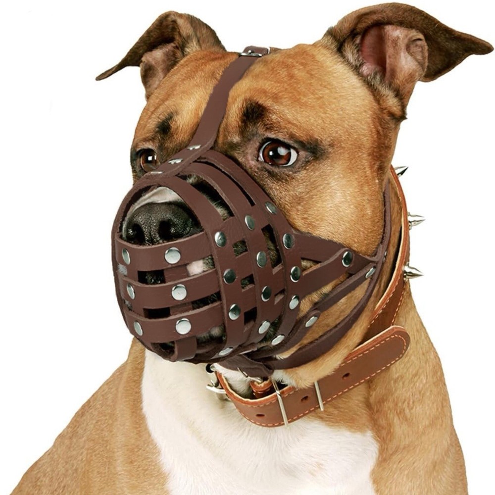 PitBull Dog Muzzle Leather Basket Staffordshire Terrier Anti-bite Mesh Muzzle12”