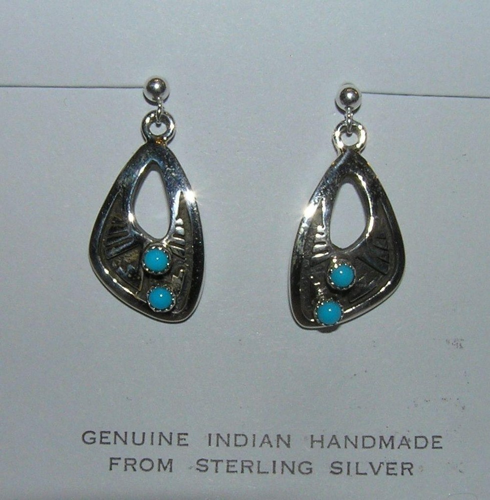 Native American Tribal Turquoise Stud Dangle Earrings Signed EK Sterling Silver