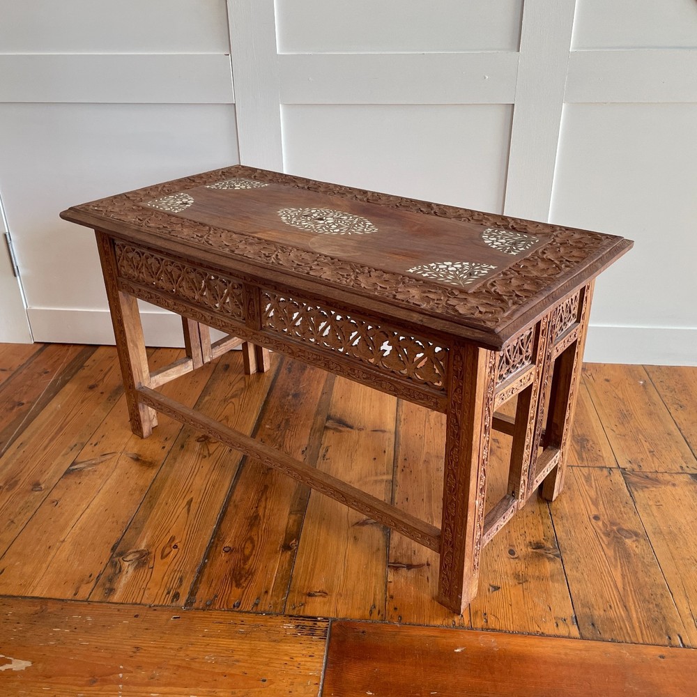 Indian Carved Folding Table Rectangular Coffee Table Inlaid Floral Pattern