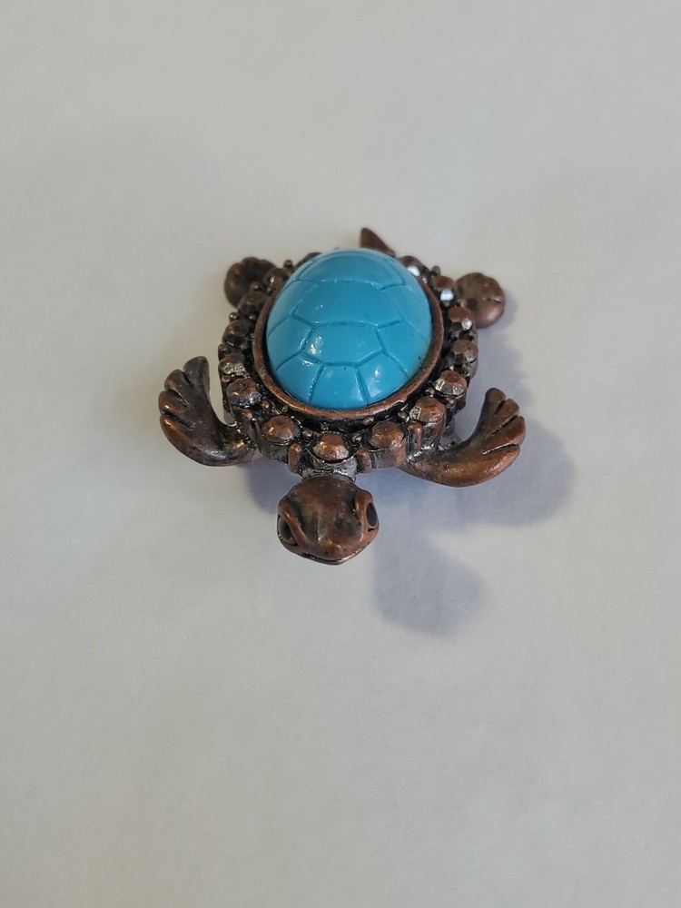 Turtle Brooch Lapel Pin Copper Color Body Blue Hard Plastic Shell