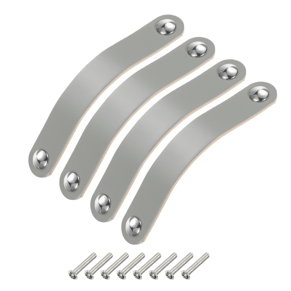 4 Packs Leather Drawer Pulls Double Hole Knobs, Grey/Silver(Hole Spacing:128mm)