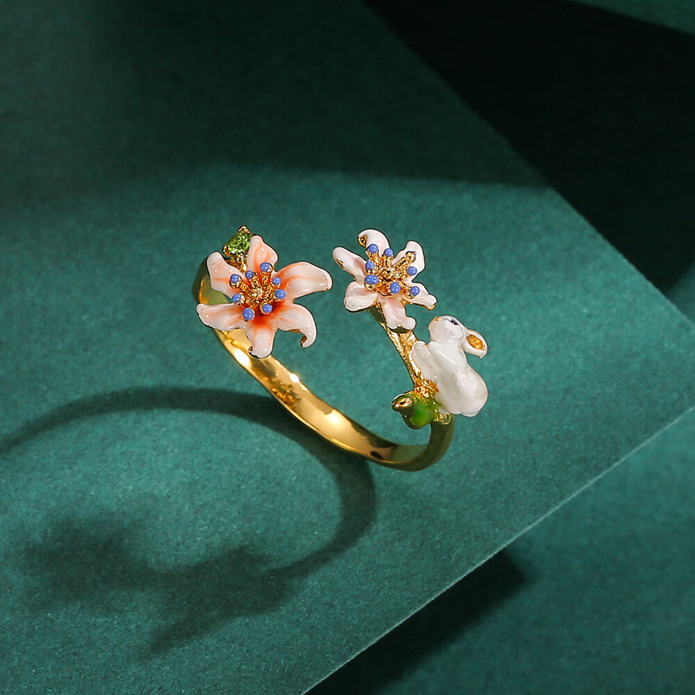 Original Design Enamel Flower Rabbit Bunny Ring Size Adjustable