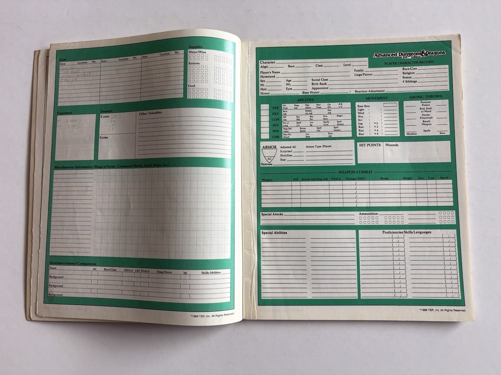 Advanced Dungeons and Dragons Character Record Sheets TSR 1989