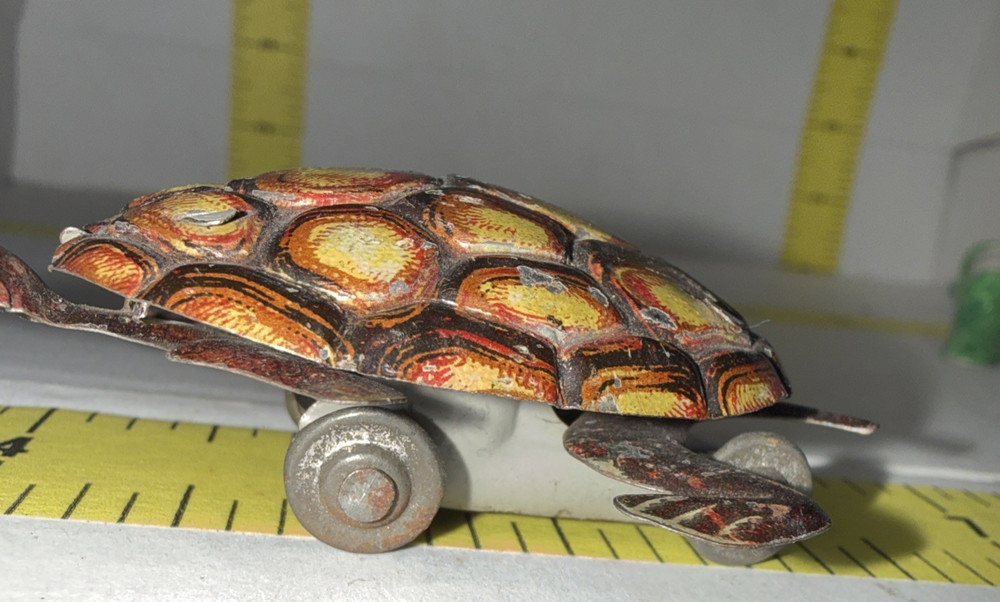 Antique Primitive Hand Painted Tin Turtle Pull Toy bin4 bg