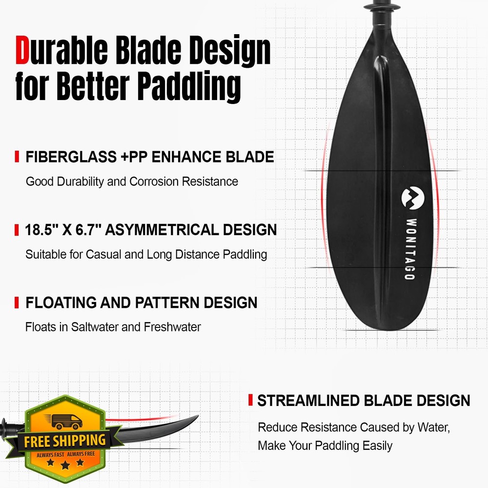 WONITAGO Carbon Fiber Kayak Paddle 3pc 220-260cm Adjustable Floating