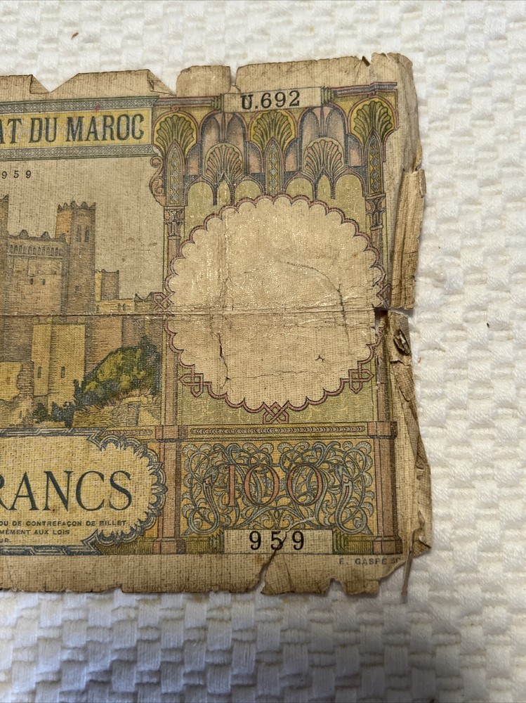 Morocco 100 Francs 1938, poor, tears
