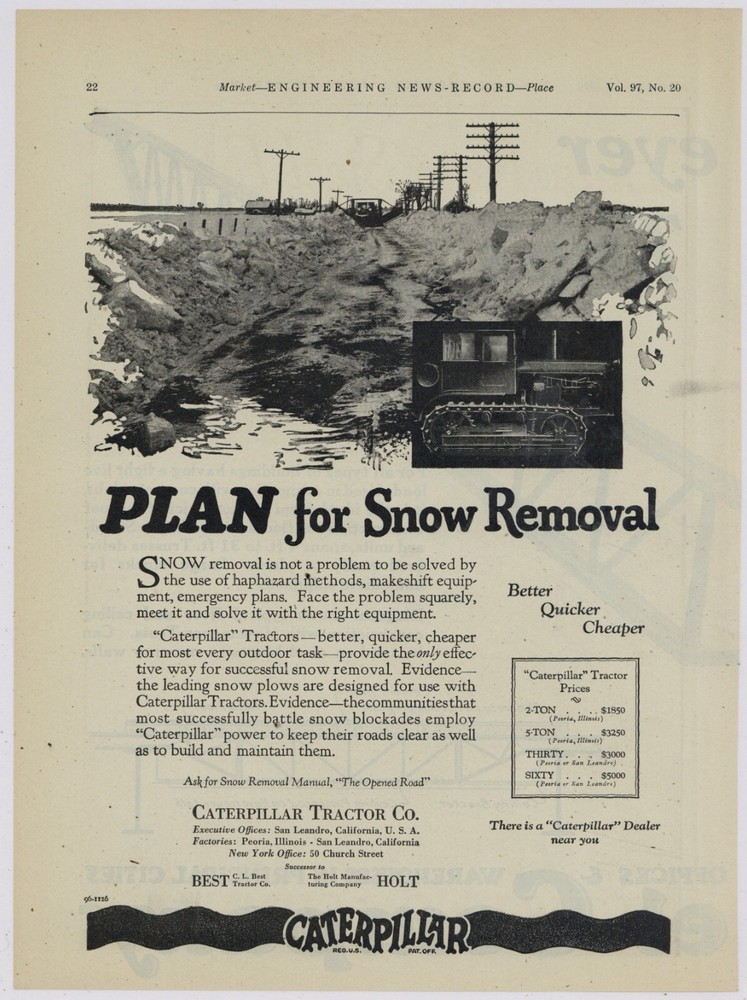 1926 Caterpillar Tractor Ad: PLAN for Snow Removal - Better, Quicker, Cheaper