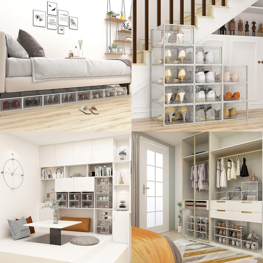 12 Pack Shoe Storage Box, Clear Plastic Stackable Shoe Organizer for Closet, Spa