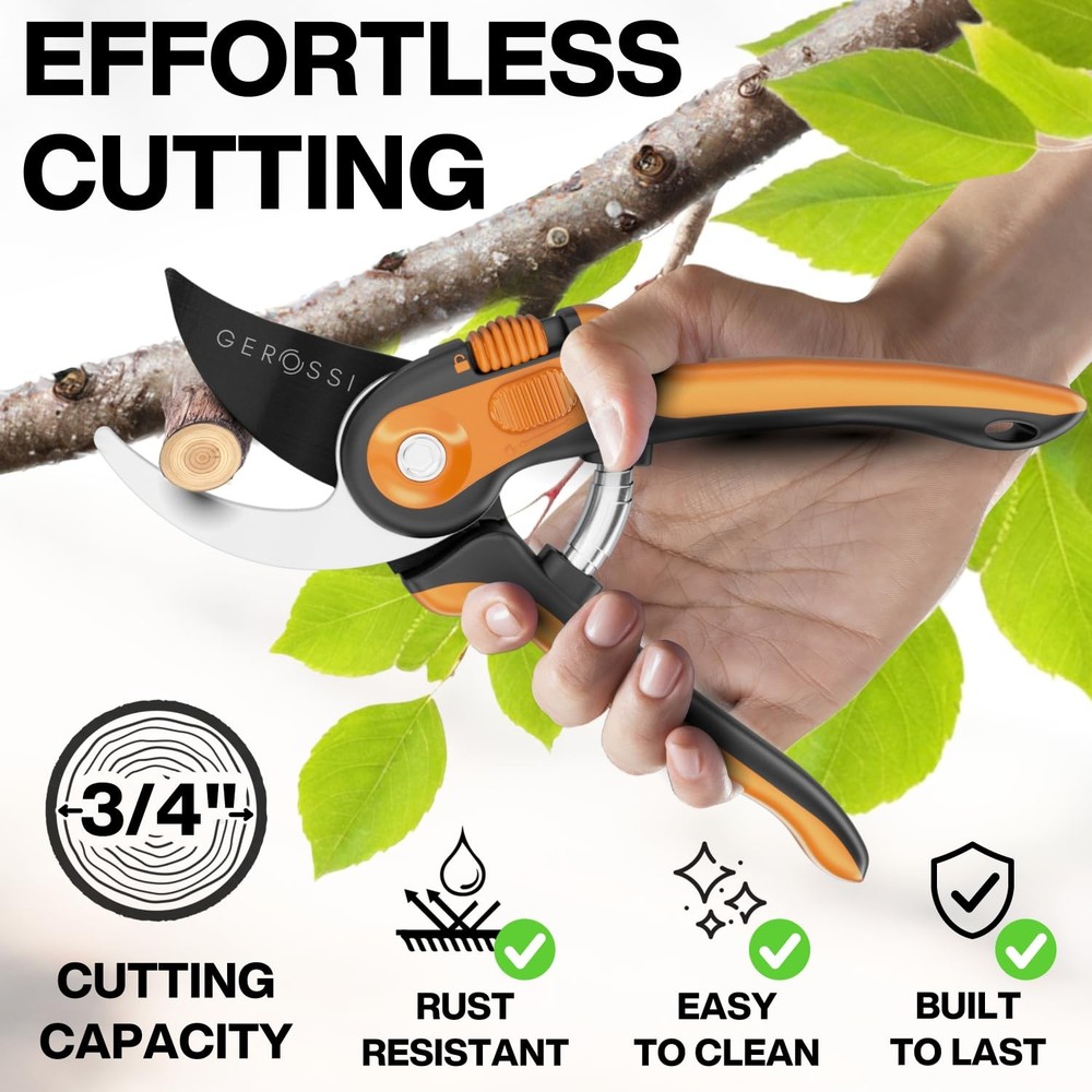 Bypass Pruning Shears with Ultra Sharp Blades - Adjustable Opening, Orange