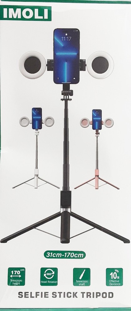 Imoli Selfie Stick Tripod With Remote Control. Bluetooth Stretchable 2 Lights