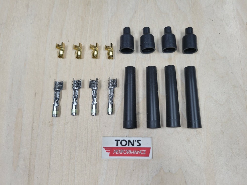 4 Cylinder Black Rubber Spark Plug Boot Kit Stainless & Brass Ends Universal