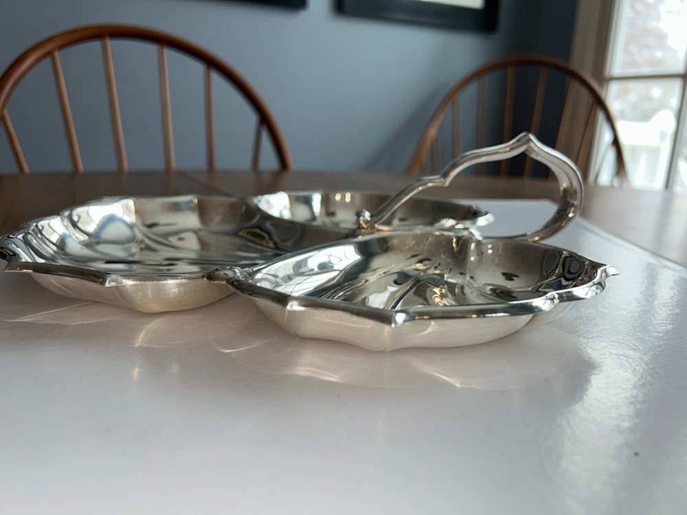 Vintage Crescent Silverplate Triple Leaf Serving Dish with Handle, 10" x 10"