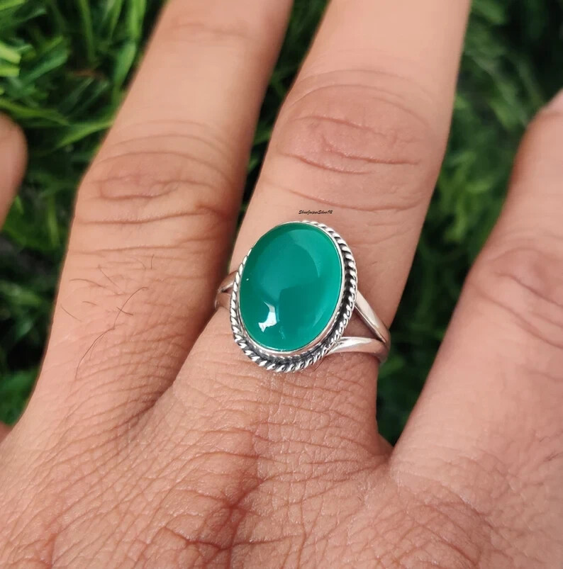 Natural Green Onyx 925 Sterling Silver Band &Statement Ring Handmade all size
