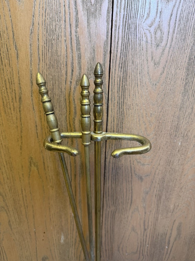 Vintage Solid Brass Fireplace Tool Poker, Shovel And Stand