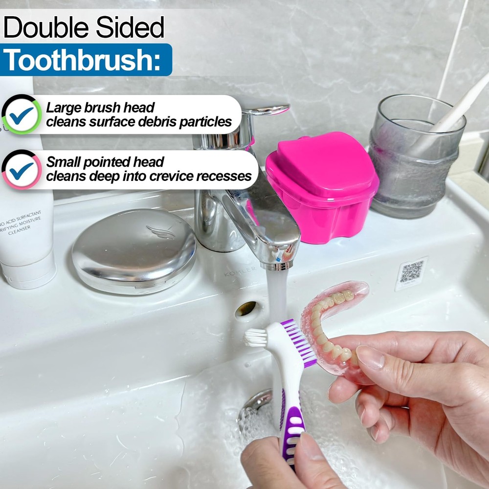 EZEELAI Denture Cup Retainer Cleaning Case False Teeth White & Rose Red
