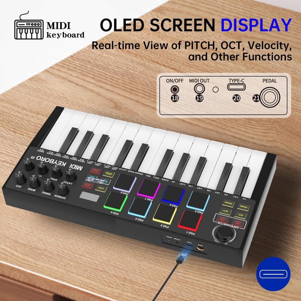 25Key USB MIDI Keyboard Controller with Backlit Pads and Knobs for Production