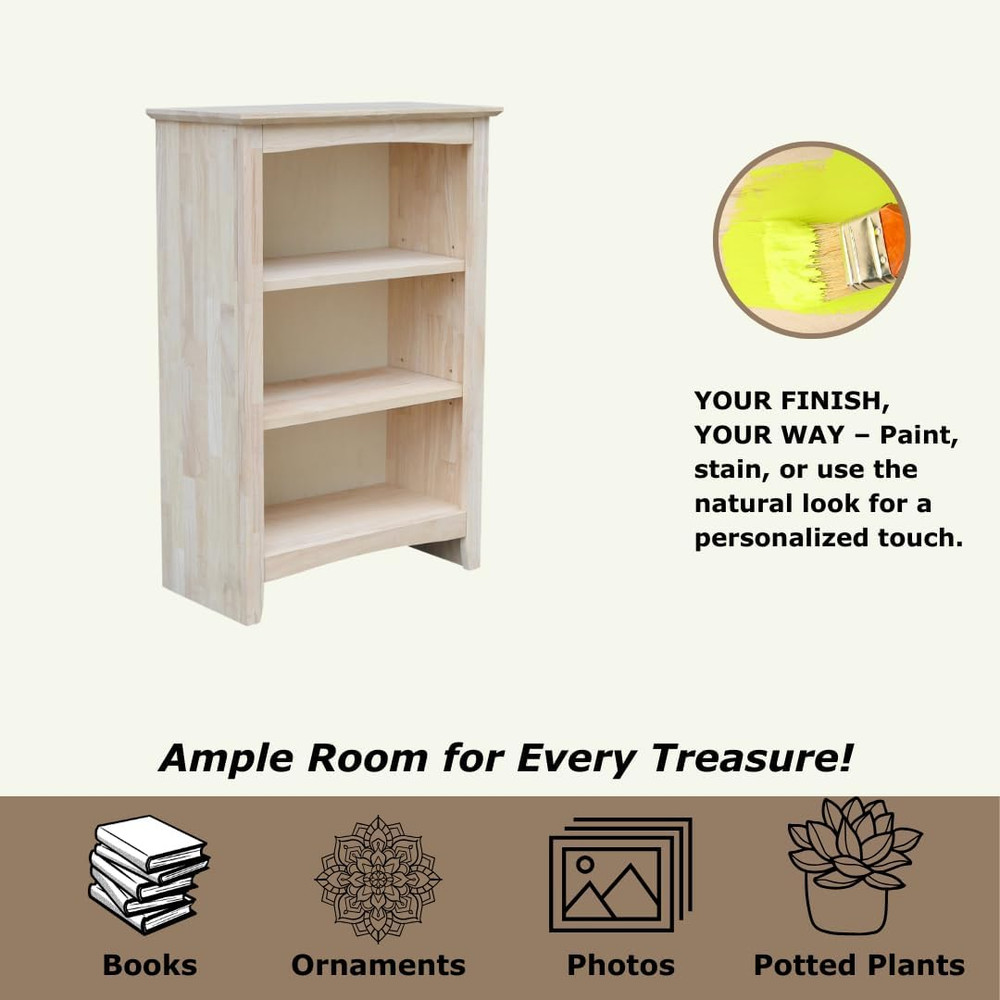 Shaker Bookcase, 36-Inch Height, Durable Solid Wood Construction, Versatile Stor