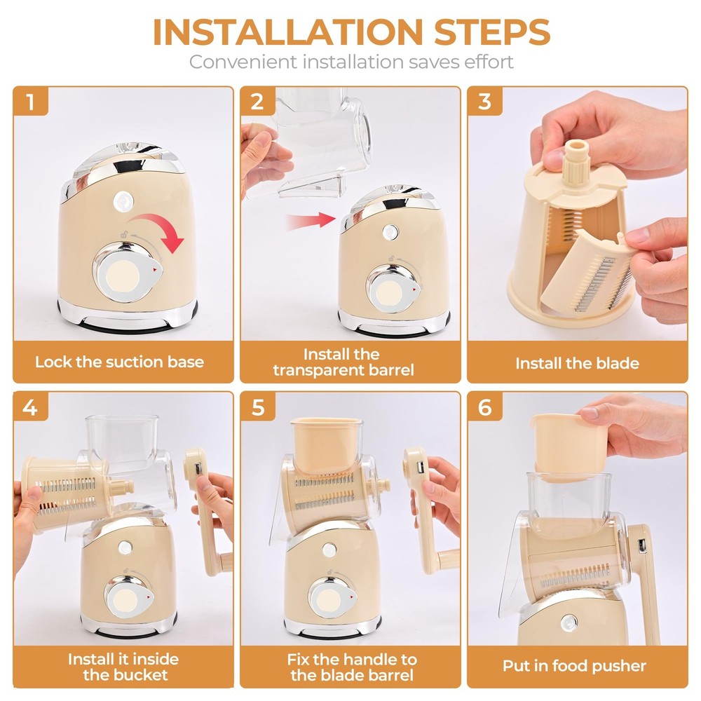 Rotary Cheese Grater with Handle, Vegetable Slicer, 6 Interchangeable Blades,...