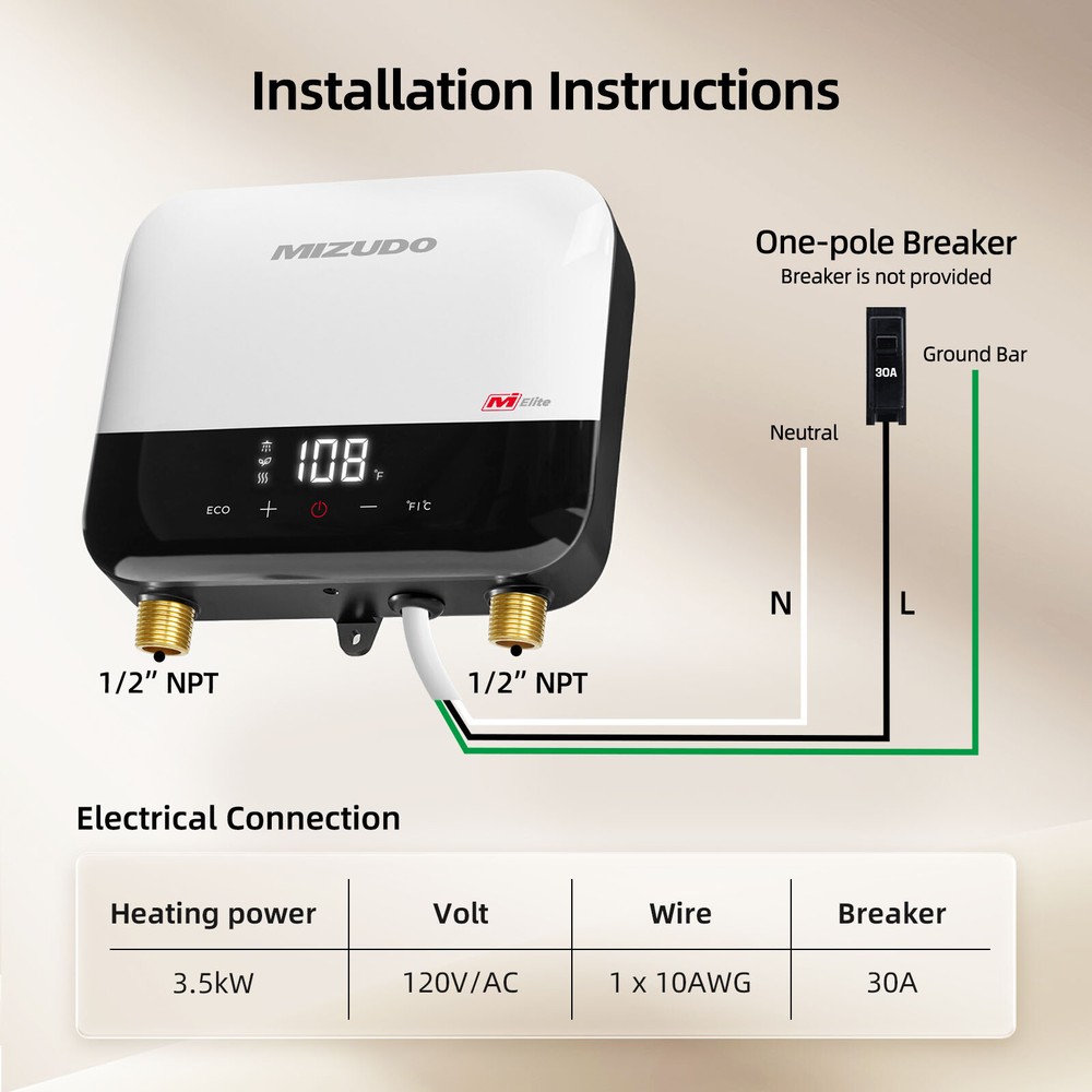 Used 3500W Electric Tankless Water Heater Instant Hot Water, 120V Dn-Demand