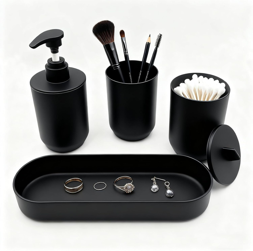 Matte Black 4-Piece Bathroom Accessory Set with Organizer and Dispenser