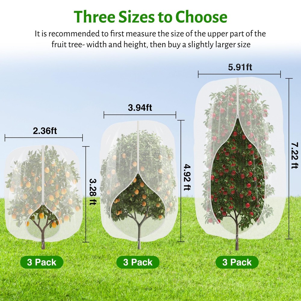 3pcs Fruit Tree Netting with Zipper and Drawstring,2.62 * 2.62*3.28 ft, Clear