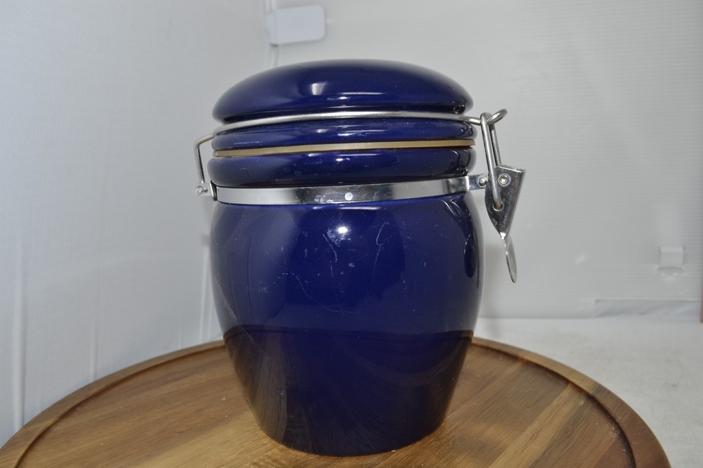 Starbucks Coffee Storage Canister Cobalt Blue Silver Script Logo Jar 7”