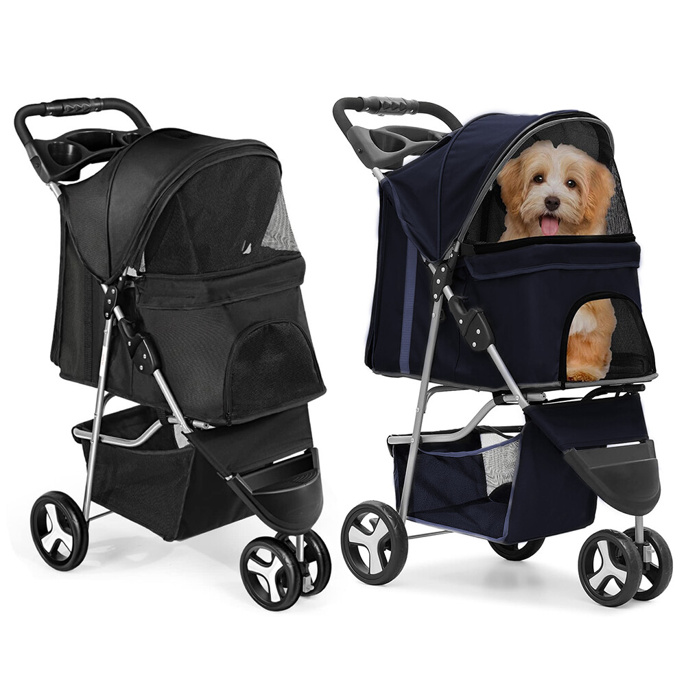 3/4 Wheels Foldable Pet Strollers Cat Dog Cage Strollers w/ Cup Holder & Basket