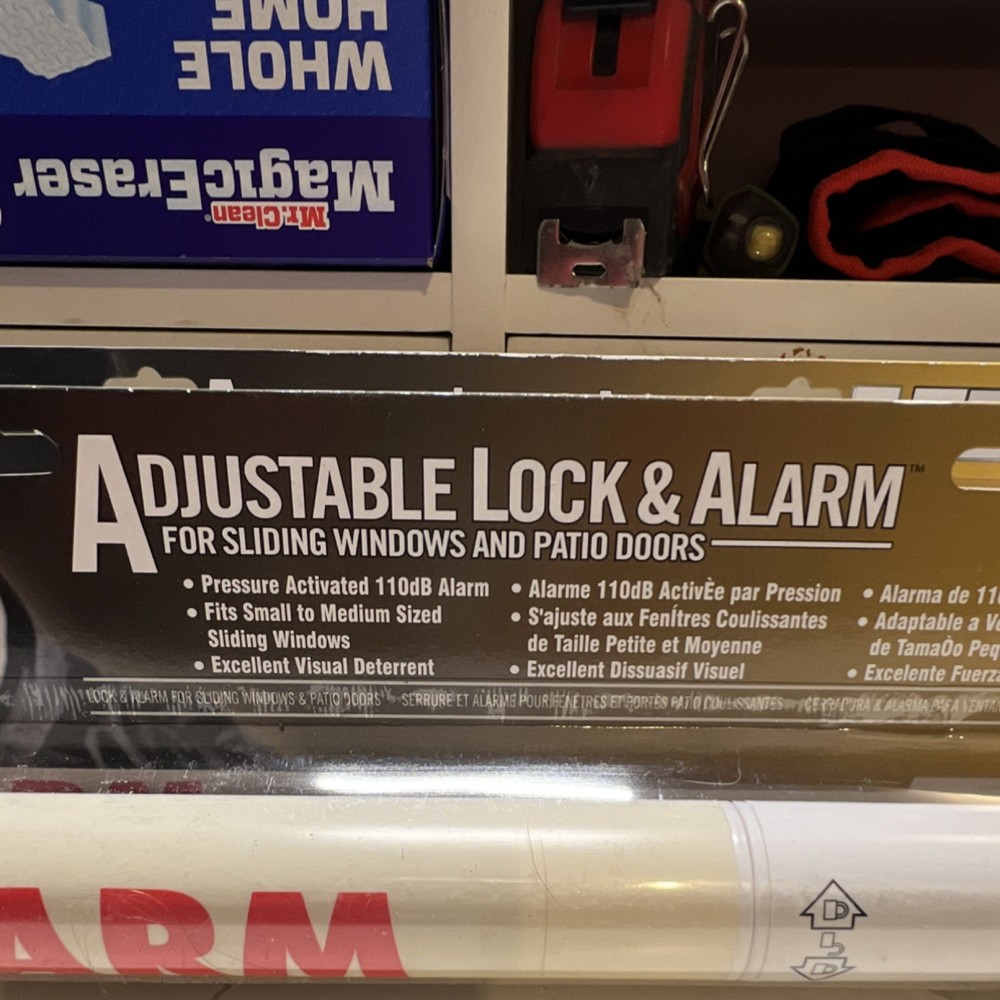 Window Stick Adjustable Lock & Alarm for Sliding Windows, 110dB, White