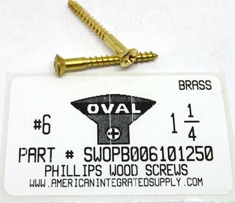 #6x1-1/4 Oval Head Phillips Wood Screws Solid Brass (20)