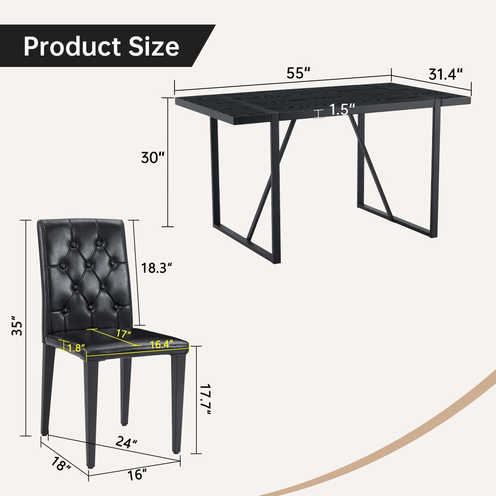 Black MDF Dining Table Set w/4 PU Chairs, Retro Modern Style