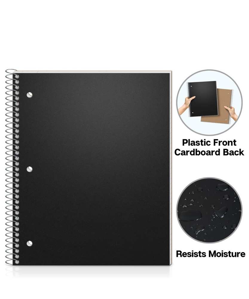 Spiral Notebook, 100 Sheets, Pocket Divider, 3 Hole Punched, Black