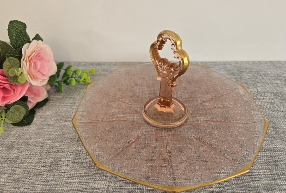 Vintage Pink Depression Glass Handle Server Decagon Shape