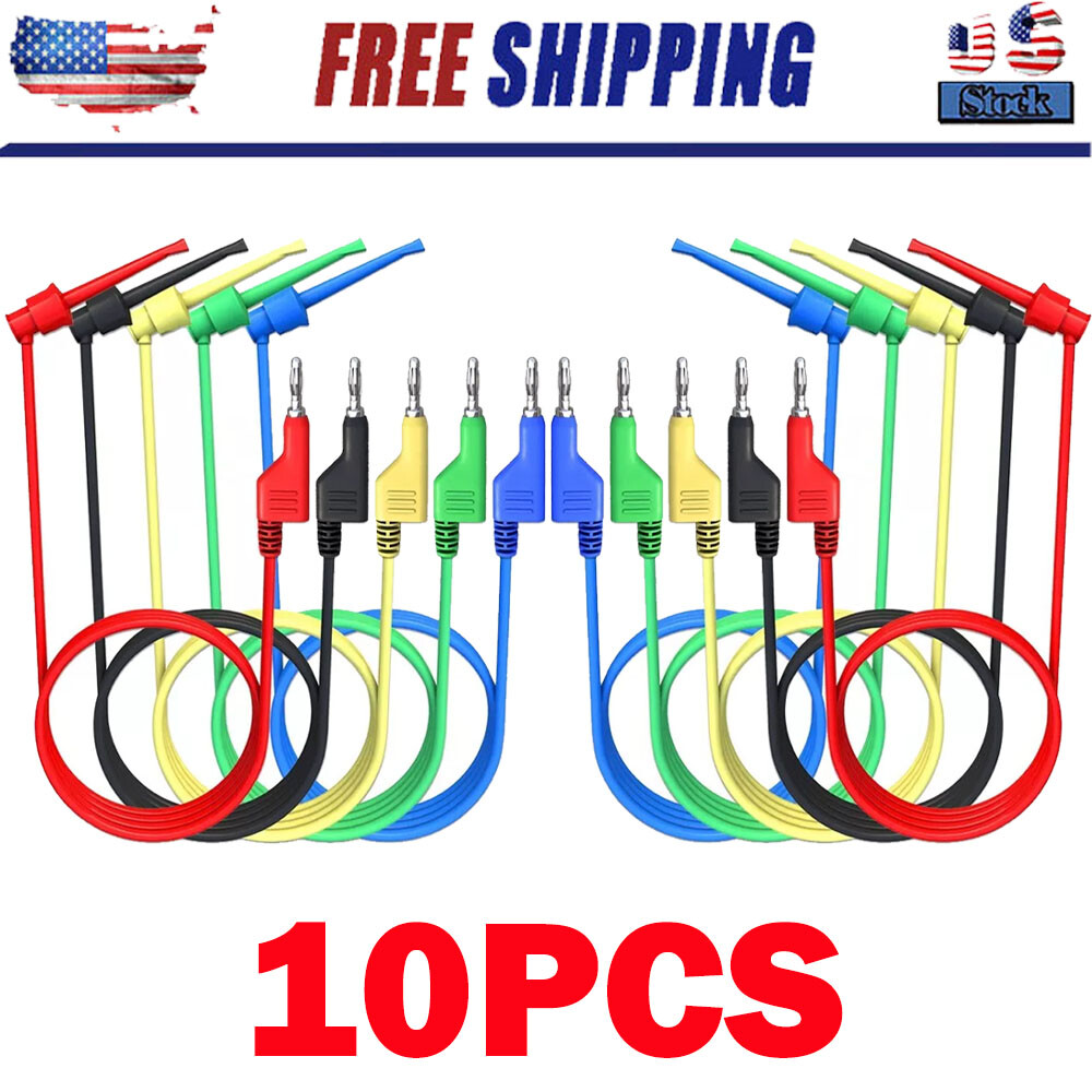 10PC 4mm Stackable Banana Plug to Test Hook Clip Test Leads Mini Grabber Cable