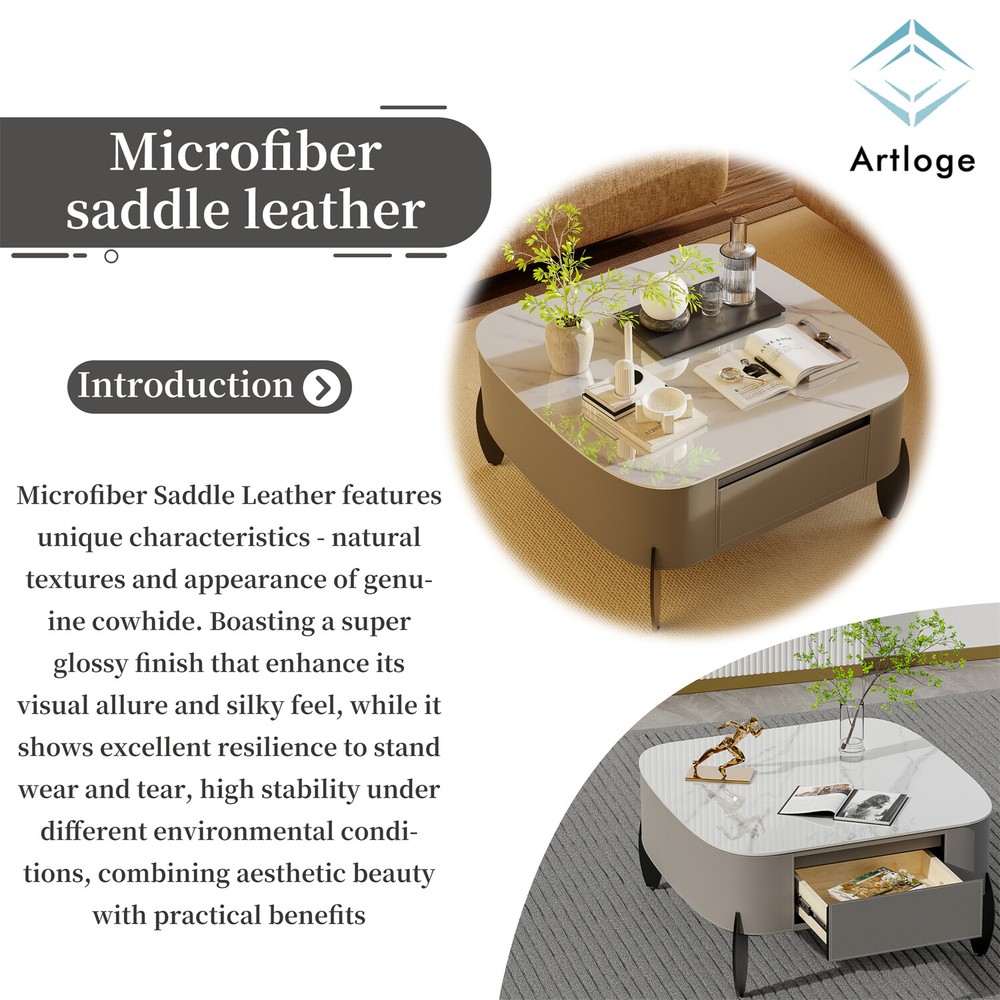 32'' Diameter Modern Coffee Table Luxury Stone Top Saddle Leather Center Table
