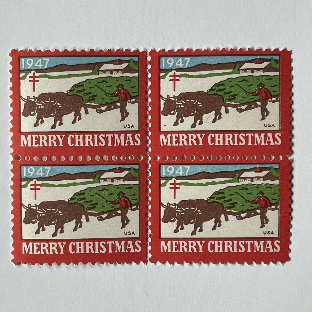 ERROR 1947 CHRISTMAS SEAL BLOCK WITH DOT UNDER OX HEAD MNH