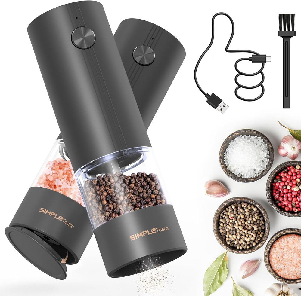 Electric Salt Pepper Grinder Set Rechargeable LED Adjustable Black