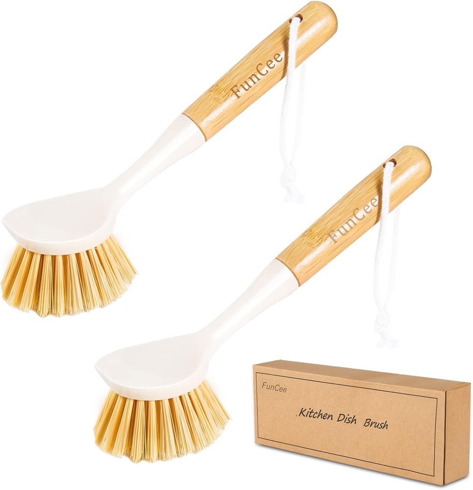 2 Pack Kitchen Dish Brushes with Bamboo Handle, Dish Scrubber Built-in Scraper