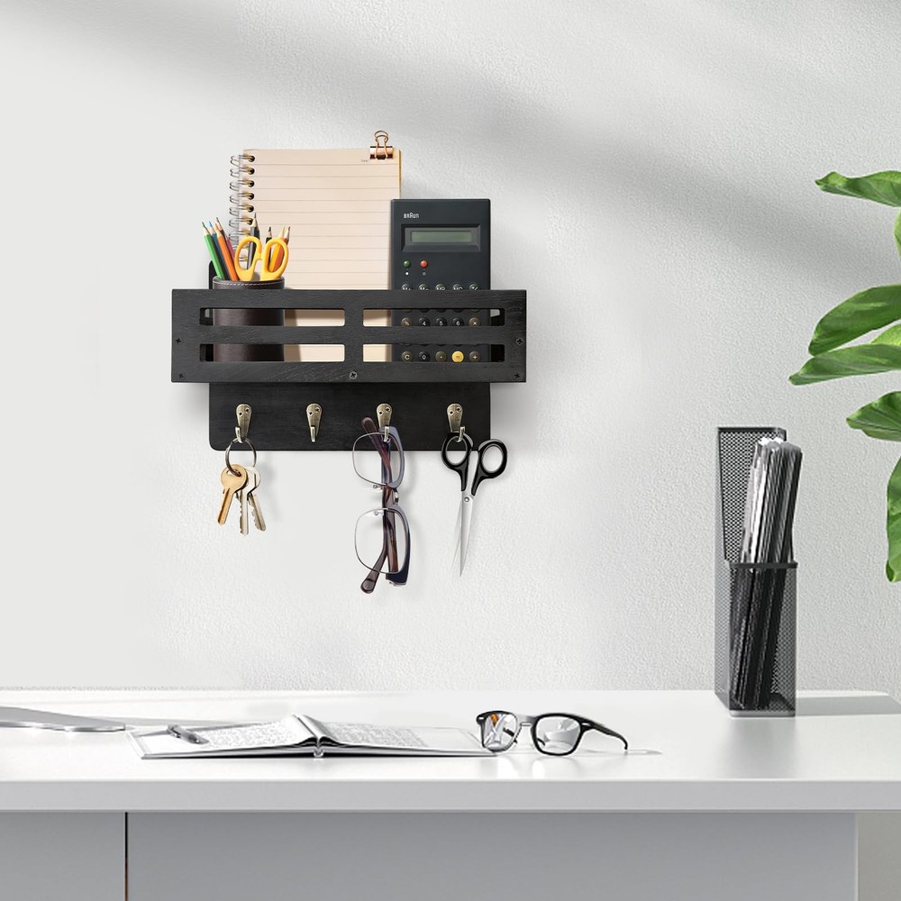 Wall-Mounted Key Holder & Mail Organizer with Hooks - Entryway Storage & Decor