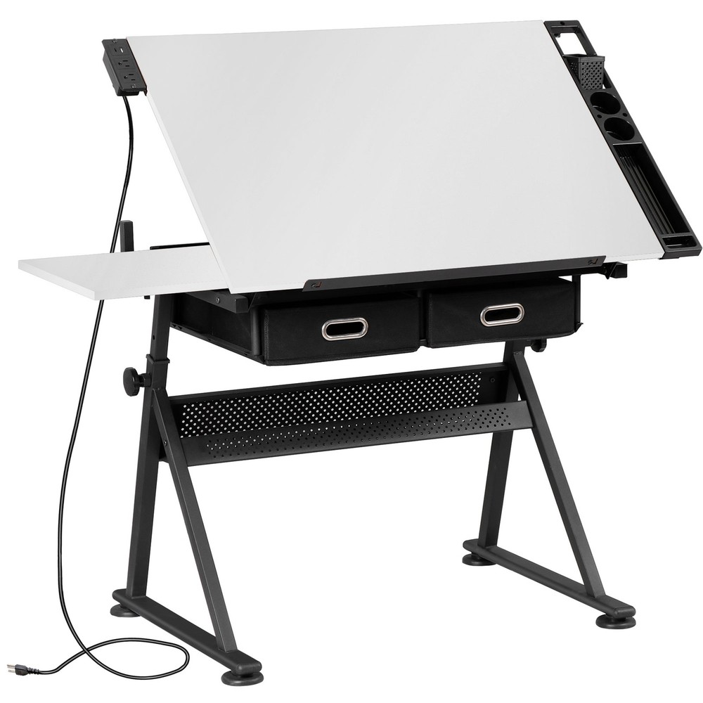Adjustable Drafting Table Tilting Drawing Desk w/Charging Station & Stool White