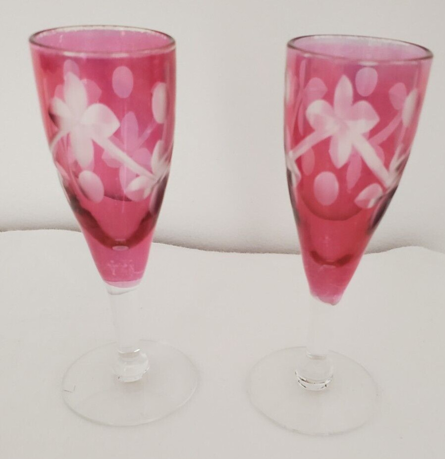 Vintage 2 Crystal Ruby Edged Shot Glasses Beautiful